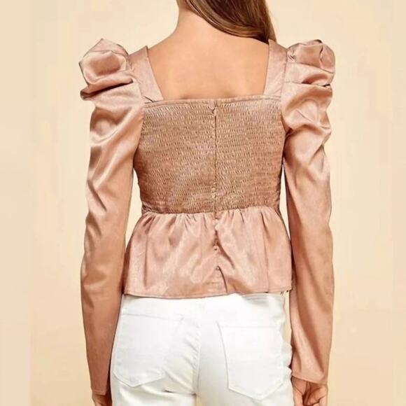 Revolve TCEC Cream Satin Puff Shoulder Blouse Wrap Front Medium - Picture 2 of 6